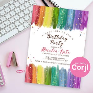 Rainbow Glitter Birthday Invitation, Colorful Girls Birthday Party Invite, Sparkle Rainbow Kids Birthday, Printable Party Invite image 5