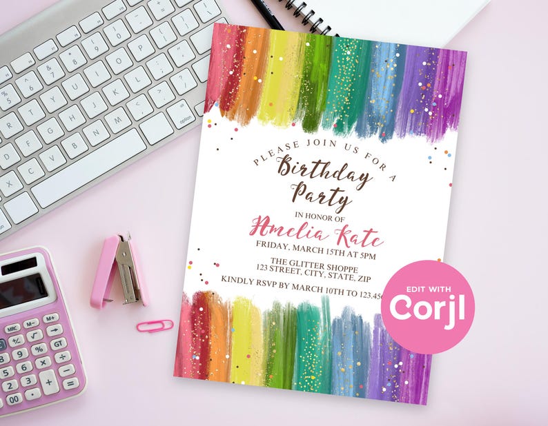 Rainbow Glitter Birthday Invitation, Colorful Girls Birthday Party Invite, Sparkle Rainbow Kids Birthday, Printable Party Invite image 5
