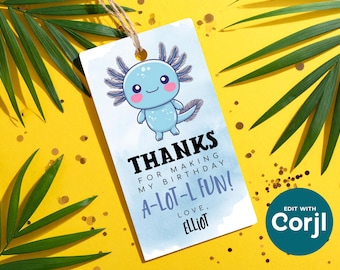 Editable Axolotl Birthday Favor Tag: Instant Download