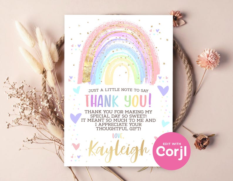 Rainbow Thank You Card: Editable Birthday, Baby Shower (Instant Download) image 9