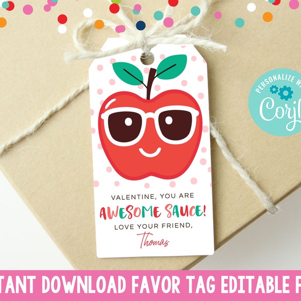 Editable Kids Awesome Sauce Valentines Day Cards, Printable Applesauce Valentines Day Gift Tag, Instant Download Apple Valentines Favor Tag
