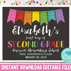 Printable First Day of Second Grade Sign, Editable First Day of 2nd Grade School Photo Prop, Instant Download 1st Day of 2nd Grade PDF