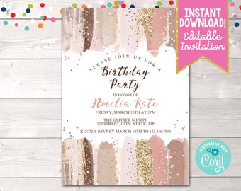 Instant Download Girls Birthday Party Invitation, Editable Birthday Party Invite Glitter Splash, Teen Adult Girls Printable Birthday Invite