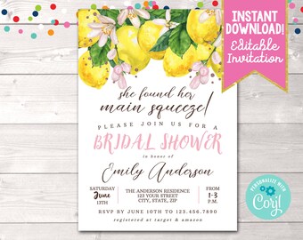 Editable Lemon Bridal Shower Invitation, Instant Download Bridal Shower Invitation, Miss to Mrs Bridal Shower Invite Printable Digital File