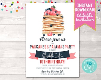 Instant Download Pancakes & Pajamas Party Editable Birthday Invitation, Printable Pancake Party Birthday Party Invite Instant Download PDF