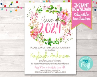 Printable Graduation Party Invitation Pink & Green Watercolor Floral Wreath, Editable Girls Graduation Party Invitation Digital File PDF JPG