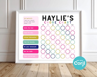 Girls Chore Chart | Kids Preppy Rainbow Responsibility & Reward Chart | Editable in Corjl | Instant Download Printable
