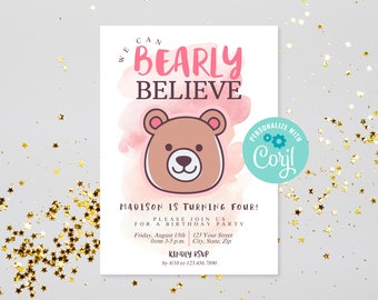 Instant Download Girls Bearly Believe Birthday Party Invitation, Printable Cute Bear Birthday Invite, Editable First 1st Birthday Invitation