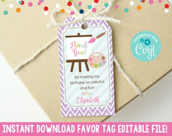 Editable Art Party Favor Tag, Instant Download Birthday Party Favor Tag, Printable Girls Purple Chevron Painting Party Gift Favor Tag PDF