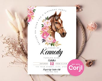Floral Horse Birthday Party Invitation: Editable Cowgirl Invite (Digital Download) Print or Text