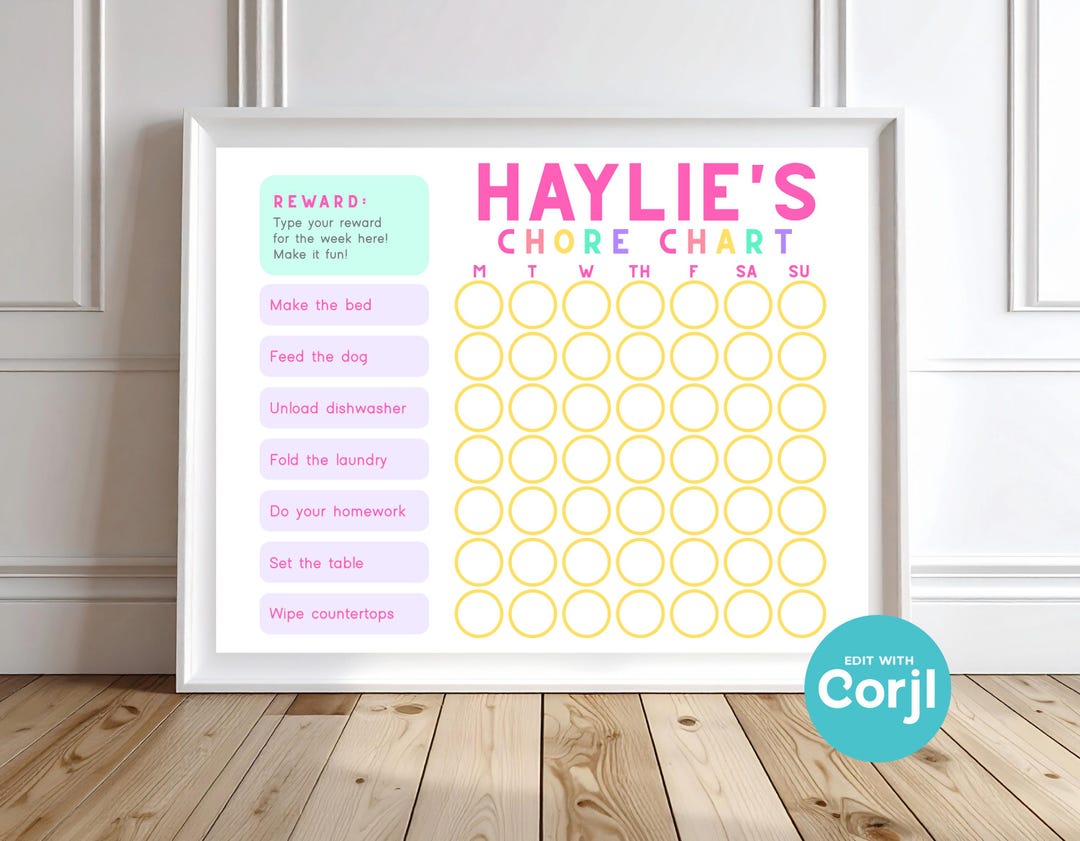 Girls Chore Chart Printable | Editable Responsibility & Reward Chart ...