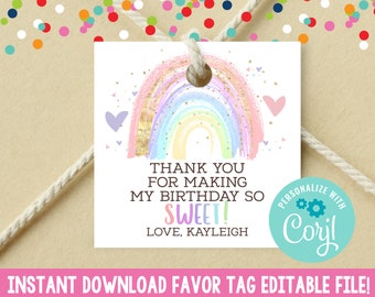 Instant Download Rainbow Favor Tag, Printable Square Birthday Party Baby Shower Favor Tag, Editable Girls Rainbow Favor Tag Printable PDF