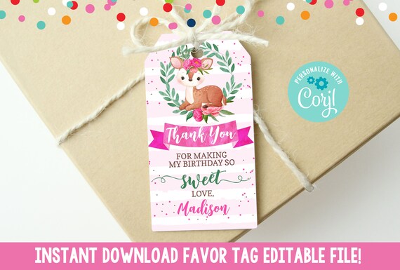 Thank you Tag Deer Face Party Printable Deer Face Tag Topper Cute Deer Digital Birthday INsTANT DoWNLOAD Deer Face Party Favor Tag