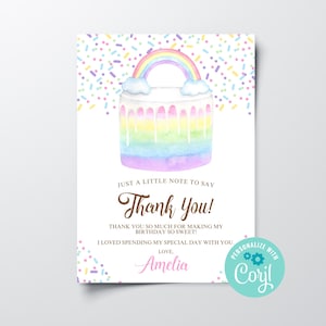 Printable Rainbow Cake Thank You Card, Instant Download Editable Girls Rainbow Party Thank You Card Template, Printable Birthday Thank You