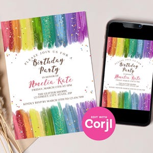 Rainbow Glitter Birthday Invitation, Colorful Girls Birthday Party Invite, Sparkle Rainbow Kids Birthday, Printable Party Invite image 2