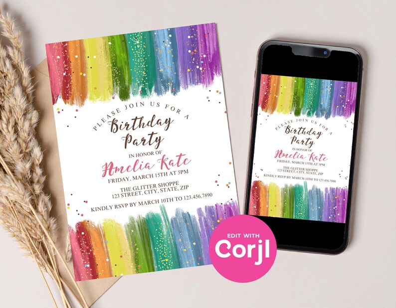 Rainbow Glitter Birthday Invitation, Colorful Girls Birthday Party Invite, Sparkle Rainbow Kids Birthday, Printable Party Invite image 2