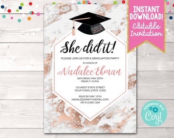 Instant Download Girls Graduation Party Invitation, Gray & Rose Gold Marble Graduation Party Invite, Editable Graduation Invitation PDF