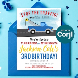Tow Truck Birthday Invitation, Truck Theme Party Invite, Boys Birthday Invitation, Tow Truck Party, Printable Kids Birthday image 1