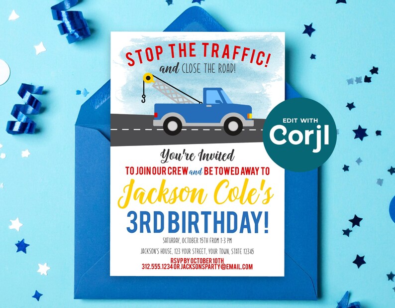 Tow Truck Birthday Invitation, Truck Theme Party Invite, Boys Birthday Invitation, Tow Truck Party, Printable Kids Birthday image 1