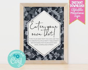 Printable Party Sign Template, Instant Download Editable Party Sign Table Decor, Black Camouflage Party Sign, Boys Camo Welcome Sign PDF JPG