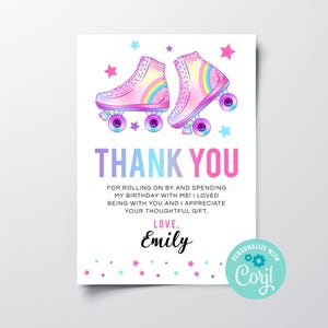 Bearbeitbare Mädchen Rollschuh-Dankeschön-Karte, druckbare Kinder Rollschuhlaufen-Geburtstagsfeier-Dankeschön-Karte Sofortiger Download Briefpapier