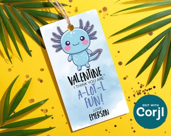 Etiqueta de regalo de San Valentín para niños axolotl: Tarjetas editables para el aula infantil (descarga digital)