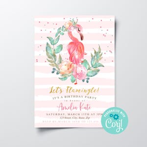 Instant Download Flamingo Girls Printable Birthday Party Invitation, Editable Girls Let&#39;s Flamingle Birthday Party Invite Instant Download