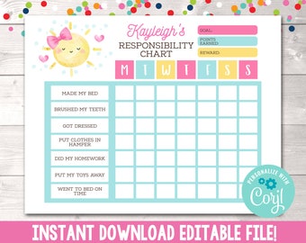 Editable Girls Sunshine Reward Chart, Printable Girls Sun Responsibility Chart, Sunshine Chore Chart Kids Toddler Preschool Instant Download