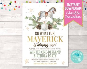 Winter Onederland Wonderland First Birthday Party Invitation Instant Download, Editable Boys Girls 1st Birthday Party Invite Printable PDF