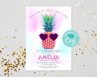 Téléchargement instantané Sweet Pineapple Birthday Party Invitation, Invitation à une fête d’anniversaire imprimable, Invitation d’anniversaire d’été modifiable pour adolescentes