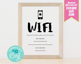 Editable Wifi on the House Sign, Instant Download Wifi Network & Password Editable Sign Printable PDF Corjl