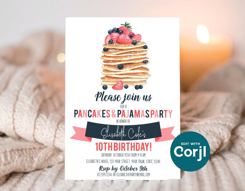 Pancakes & Pajamas Birthday Invitation | Pajama Party Invite | Editable Corjl Template image 7