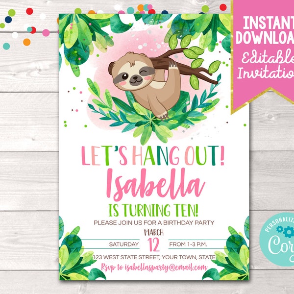 Editable Girls Sloth Birthday Party Invite, Printable Sloth Girl Birthday Party Invitation Instant Download Tween Teen Girls Birthday Invite