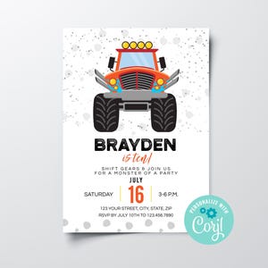 Editable Boys Monster Truck Birthday Party Invitation, Instant Download Boys Monster Truck Birthday Party Invite, Printable Birthday Invite