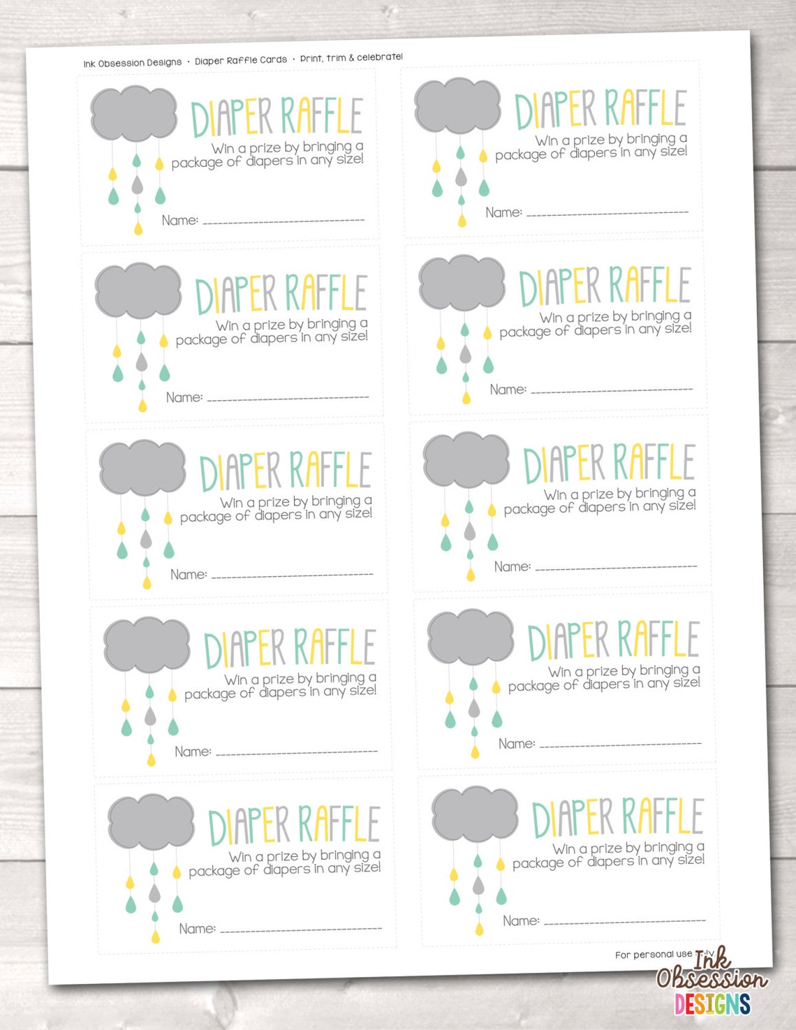 baby shower printable diaper raffle ticket pdf yellow aqua and etsy