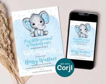 Elephant 1st Birthday Invitation: Editable Printable (Instant Download) Print or Text