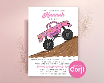 Editable Girls Monster Truck Birthday Invitation | Pink Girl Power Birthday Party Invite (Digital Download)