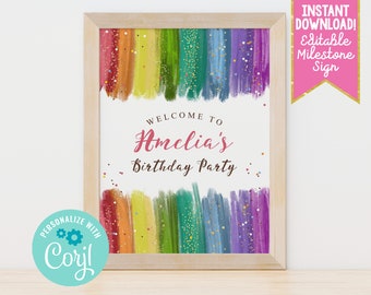 Instant Download Glitter Rainbow Birthday Party Welcome Sign Printable Editable Girls Rainbow Party Decor Birthday Party Table Welcome Sign