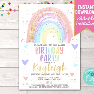 Instant Download Rainbow Birthday Party Invitation, Editable Girls Birthday Party Invite, Printable Rainbow Birthday Party Invitation Corjl image 1
