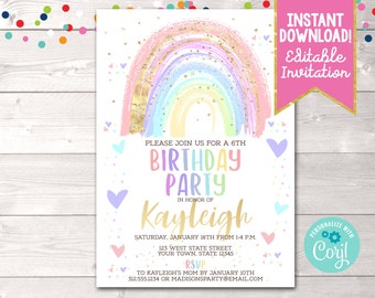 Instant Download Rainbow Birthday Party Invitation, Editable Girls Birthday Party Invite, Printable Rainbow Birthday Party Invitation Corjl