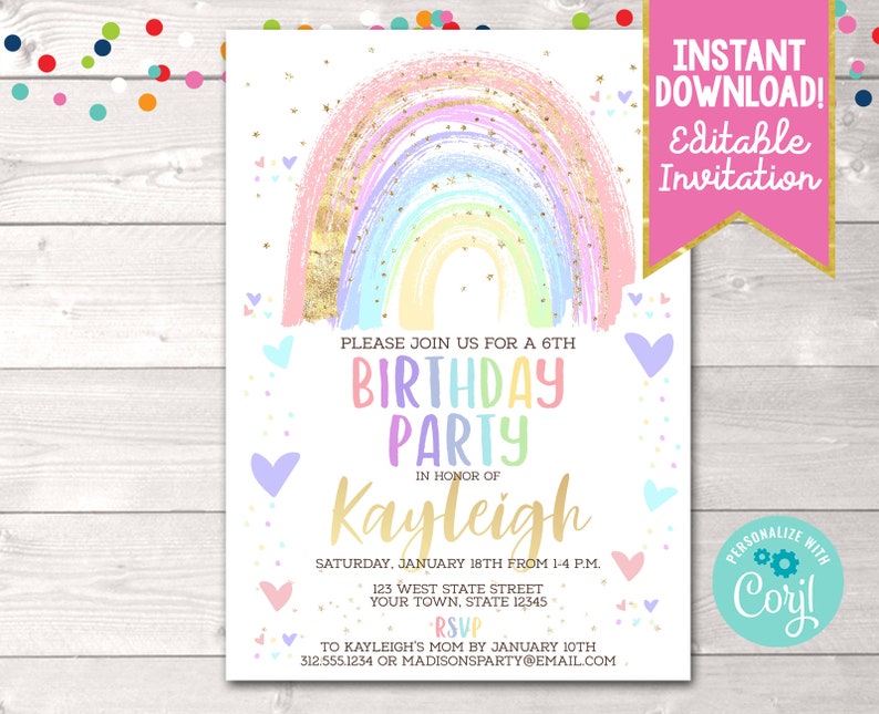 Instant Download Rainbow Birthday Party Invitation, Editable Girls Birthday Party Invite, Printable Rainbow Birthday Party Invitation Corjl image 1