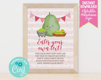 Editable Avocado Party Sign, Instant Download Pink Girls Avocado Custom Text Birthday Party Sign, Printable Table Decor for Food Desserts