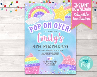 Instant Download Pop it Party Birthday Party Invitation, Editable Pop It Birthday Party Invite, Printable Girls Pop It Birthday Invitation