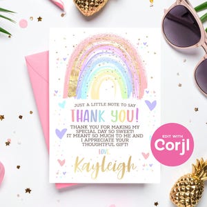 Rainbow Thank You Card: Editable Birthday, Baby Shower (Instant Download)