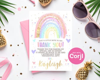 Rainbow Thank You Card: Editable Birthday, Baby Shower (Instant Download)