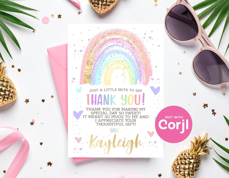 Rainbow Thank You Card: Editable Birthday, Baby Shower (Instant Download) image 1