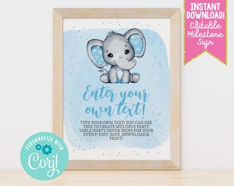 Instant Download Editable Party Sign Template, Printable Blue Boys Elephant Party Sign Table Decor, Editable Birthday Party Baby Shower Sign