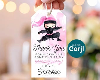 Pink Ninja Birthday Favor Tag: Editable Printable (Instant Download)