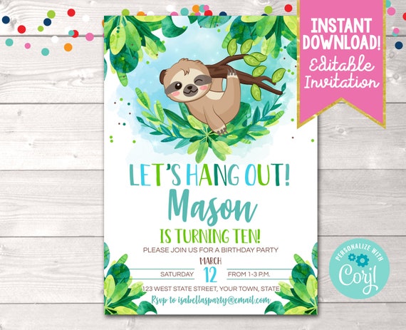 Editable Boys Sloth Birthday Party Invite, Printable Sloth Boy Birthday ...