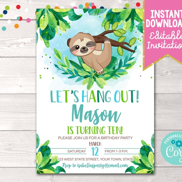 Editable Boys Sloth Birthday Party Invite, Printable Sloth Boy Birthday Party Invitation Instant Download, Lets Hang Out Birthday Invite